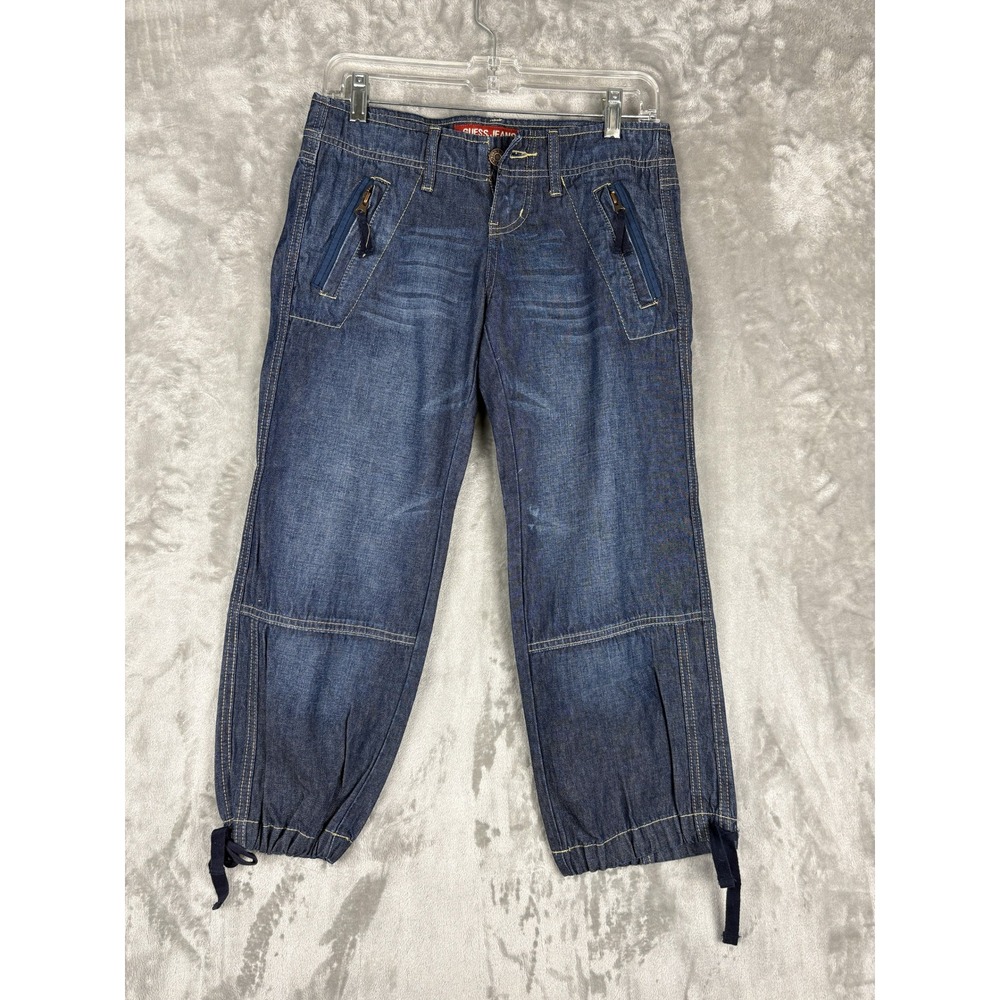 GUESS Jeans Women's Denim Cropped Pants Size 26‎ Cargo Pockets Tie Ankle